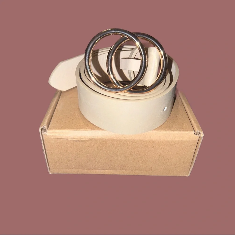 Golden Double Circle Buckle Elegant Cream Ivory Belt NWT NEW work school